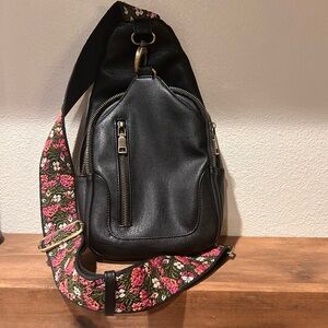 Antik Kraft Tasha crossbody sling bag‎ with a floral embroidered webbing strap